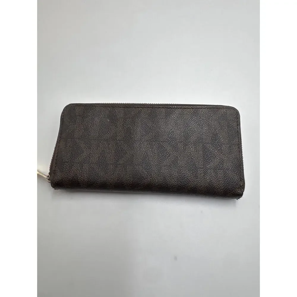 Michael Kors Jet Set Brown Signature Zip Around Wallet Gold Tone Logo Large